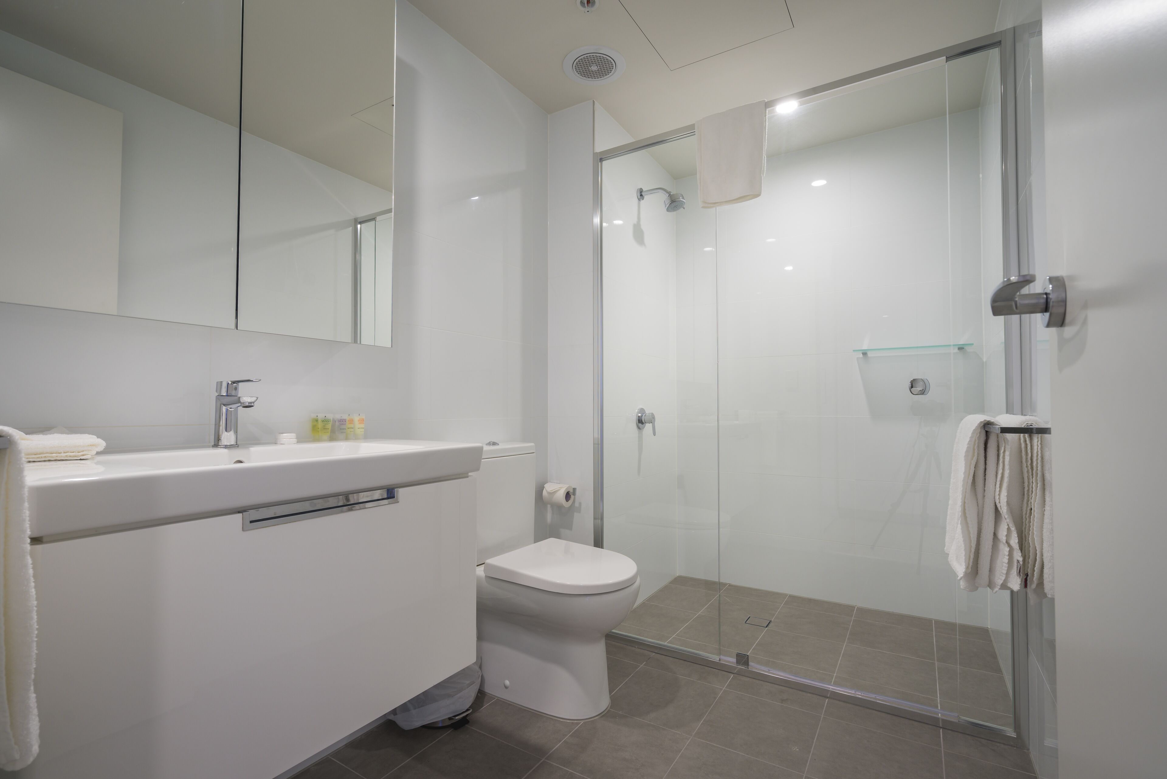 A modern bathroom with a glass shower enclosure, a white sink, and a toilet.