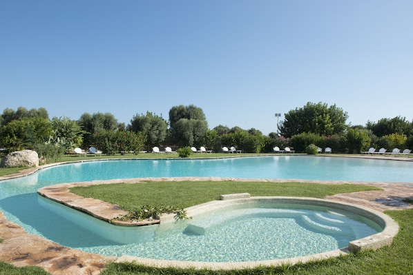 Seasonal outdoor pool, pool loungers