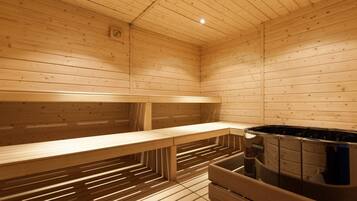 A sauna with wooden walls and benches.