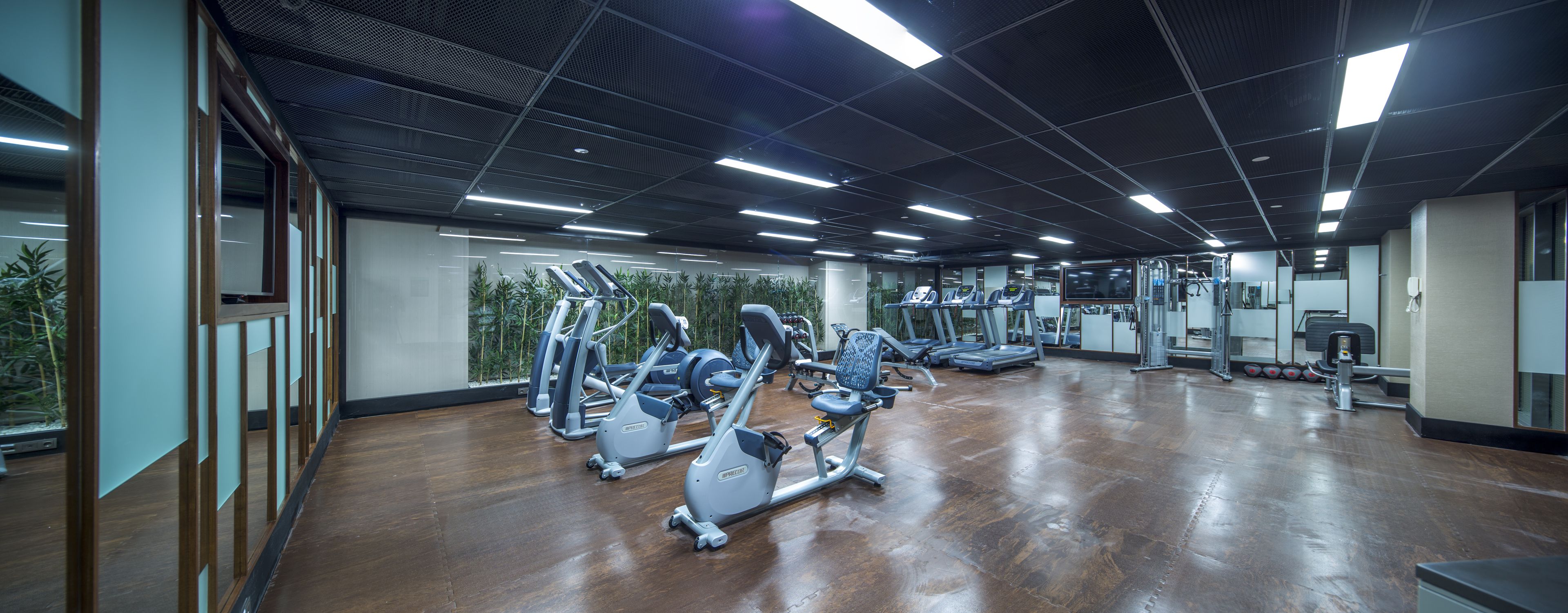 A gym with various exercise machines, a wooden floor, and a large window with a view of trees.