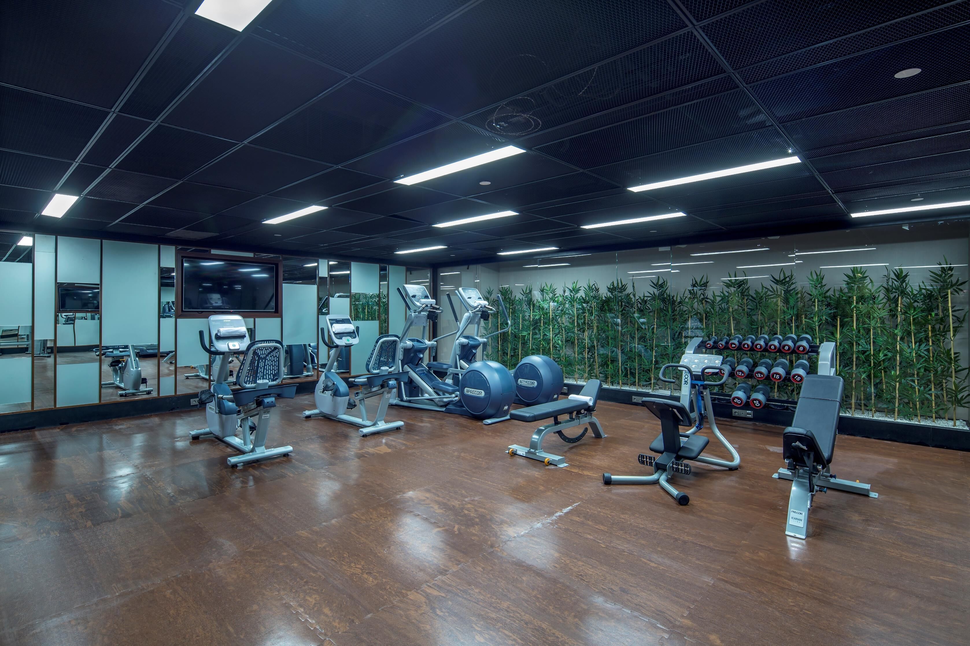 A gym with various exercise equipment, a mirrored wall, and a row of dumbbells.