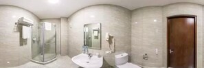Shower, free toiletries, hair dryer, bathrobes