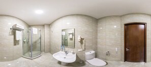 Shower, free toiletries, hair dryer, bathrobes