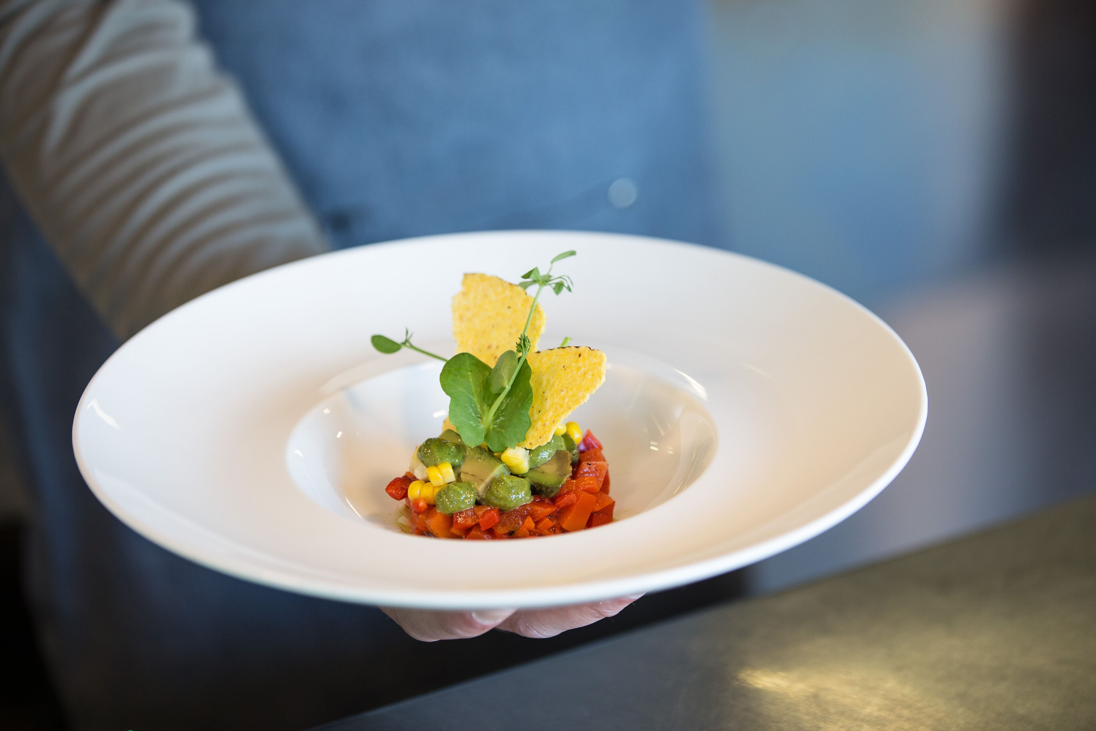 Une assiette blanche contenant un plat, tenue par une personne.