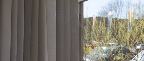 A window with vertical blinds, a view of parked cars, and bare trees outside.