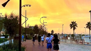 A sunset view along a waterfront promenade with people walking, palm trees, and street lamps. - Hotel Brotas (Rimini)