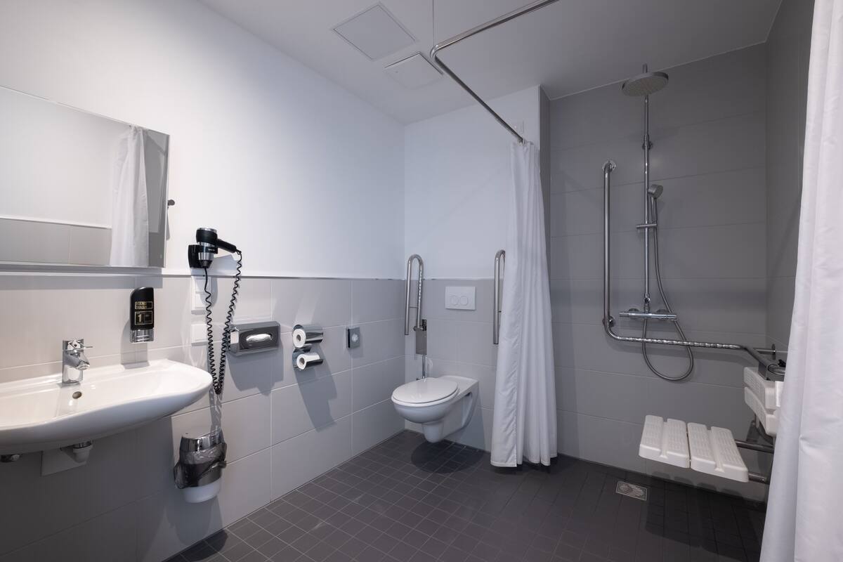 shower, rainfall showerhead, free toiletries, hair dryer