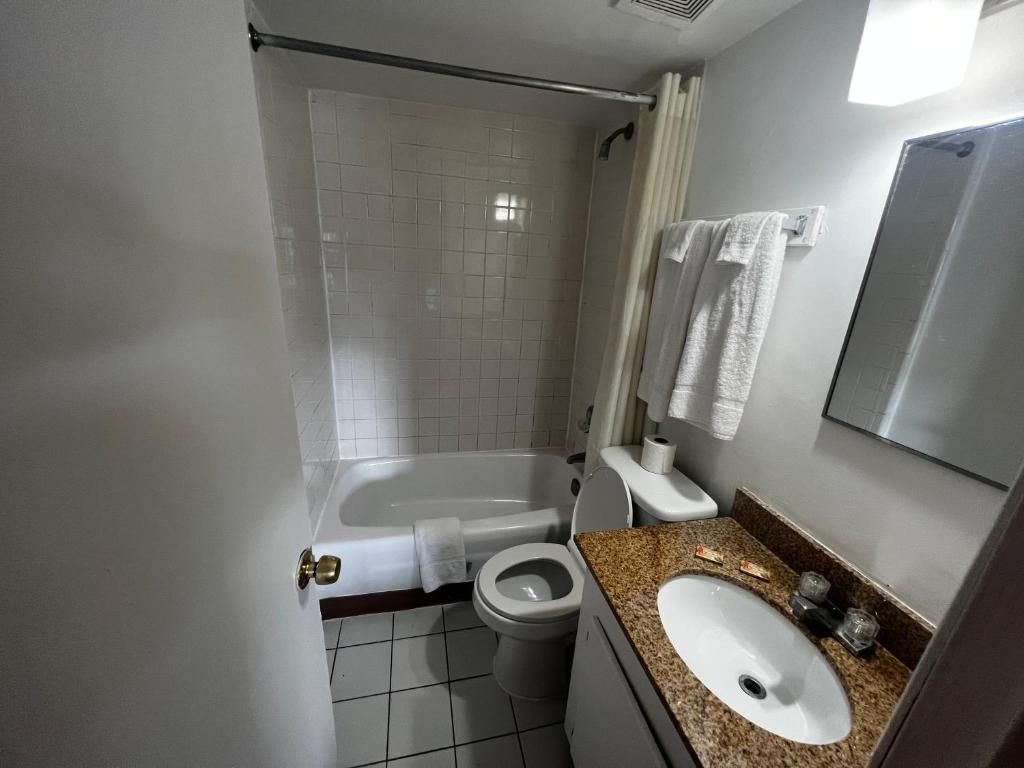 Un baño con bañera, inodoro y lavamanos.