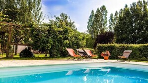 A swimming pool with lounge chairs and a potted plant.