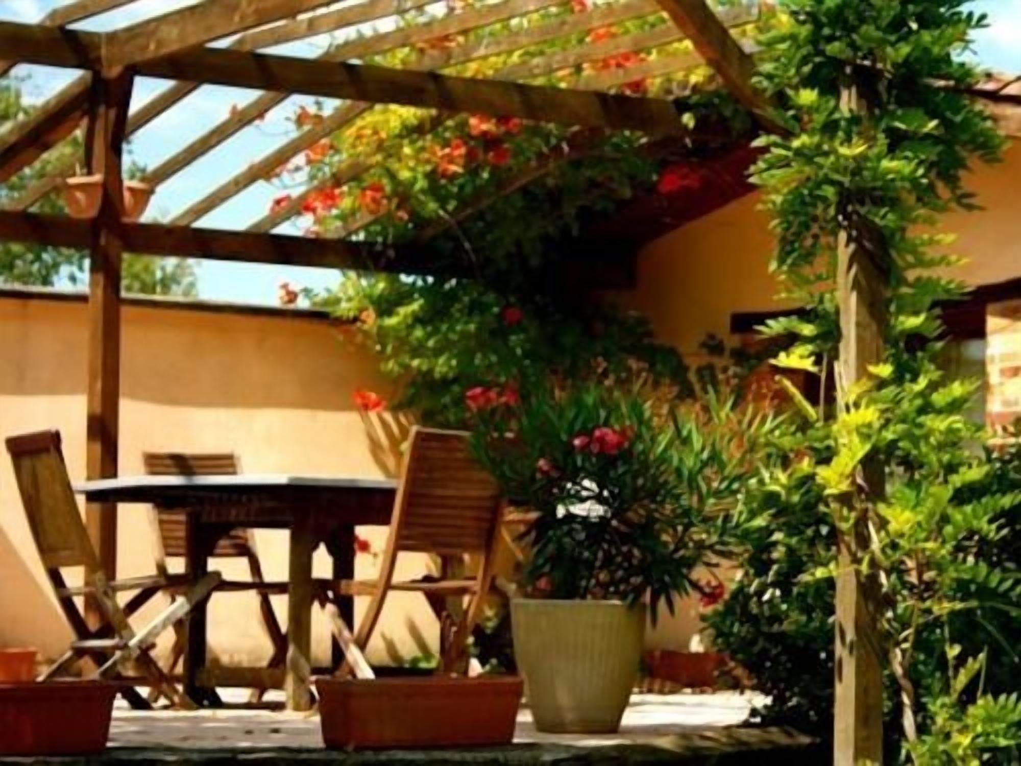 Eine Terrassengruppe im Freien mit Holzstühlen und einem Tisch, umgeben von Topfpflanzen und einer Holzpergola.