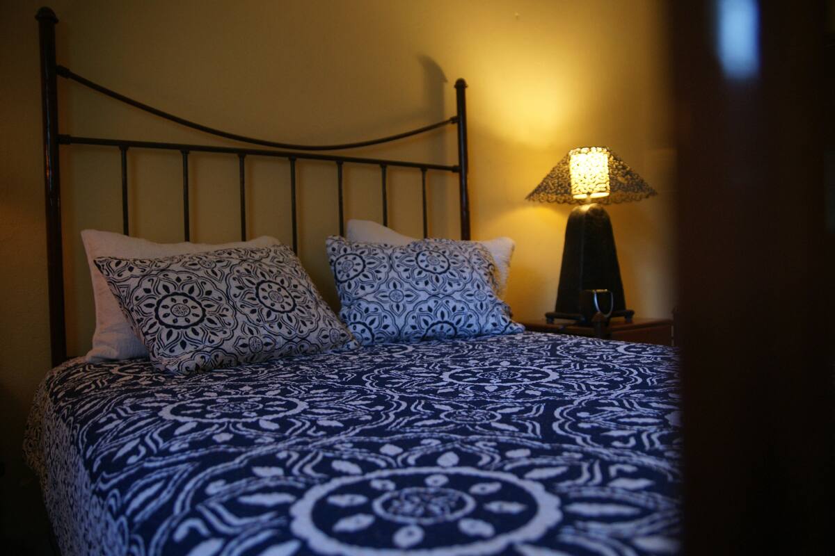 Una cama con una colcha estampada y dos almohadas, una mesita de noche con una lámpara y un cabecero de metal.