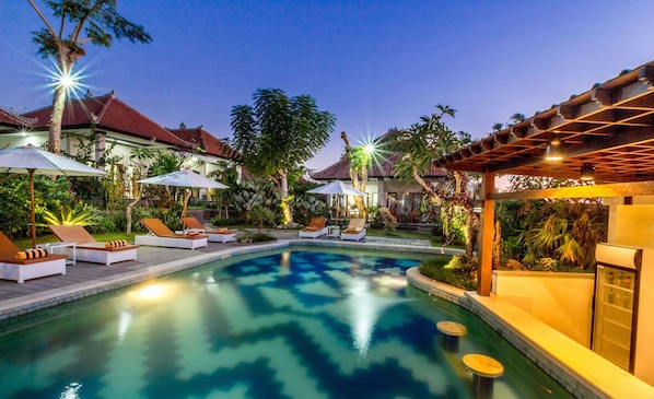 Outdoor pool, pool umbrellas, pool loungers