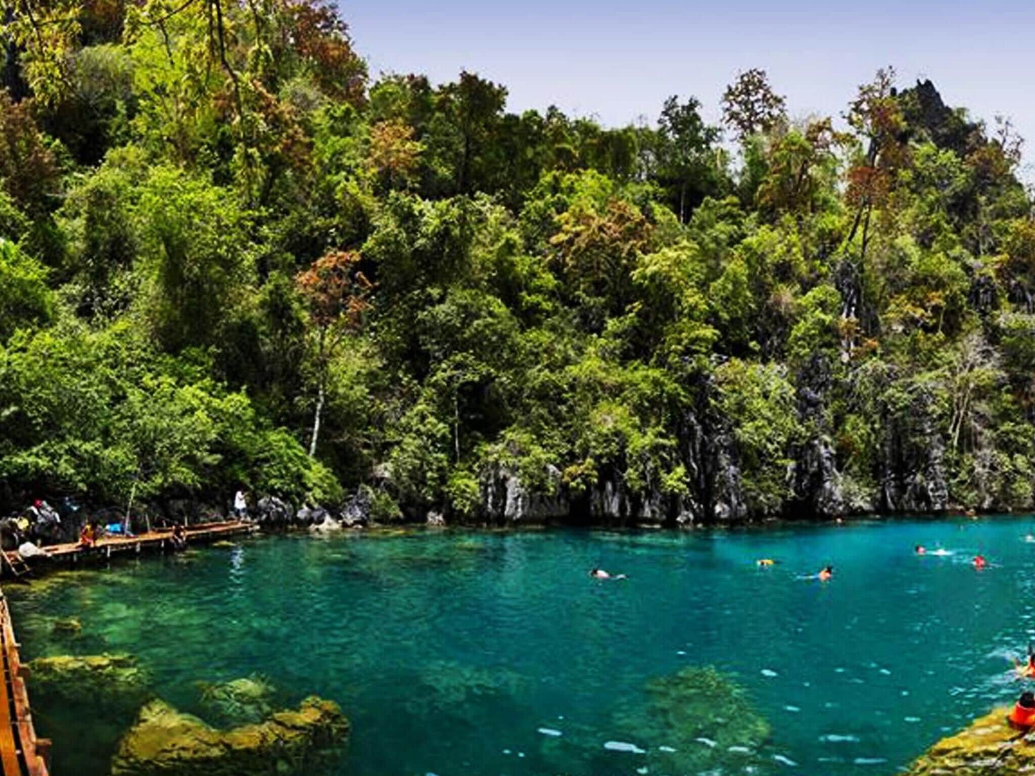 A tropical beach with clear turquoise water, surrounded by dense green foliage and rocky outcrops.