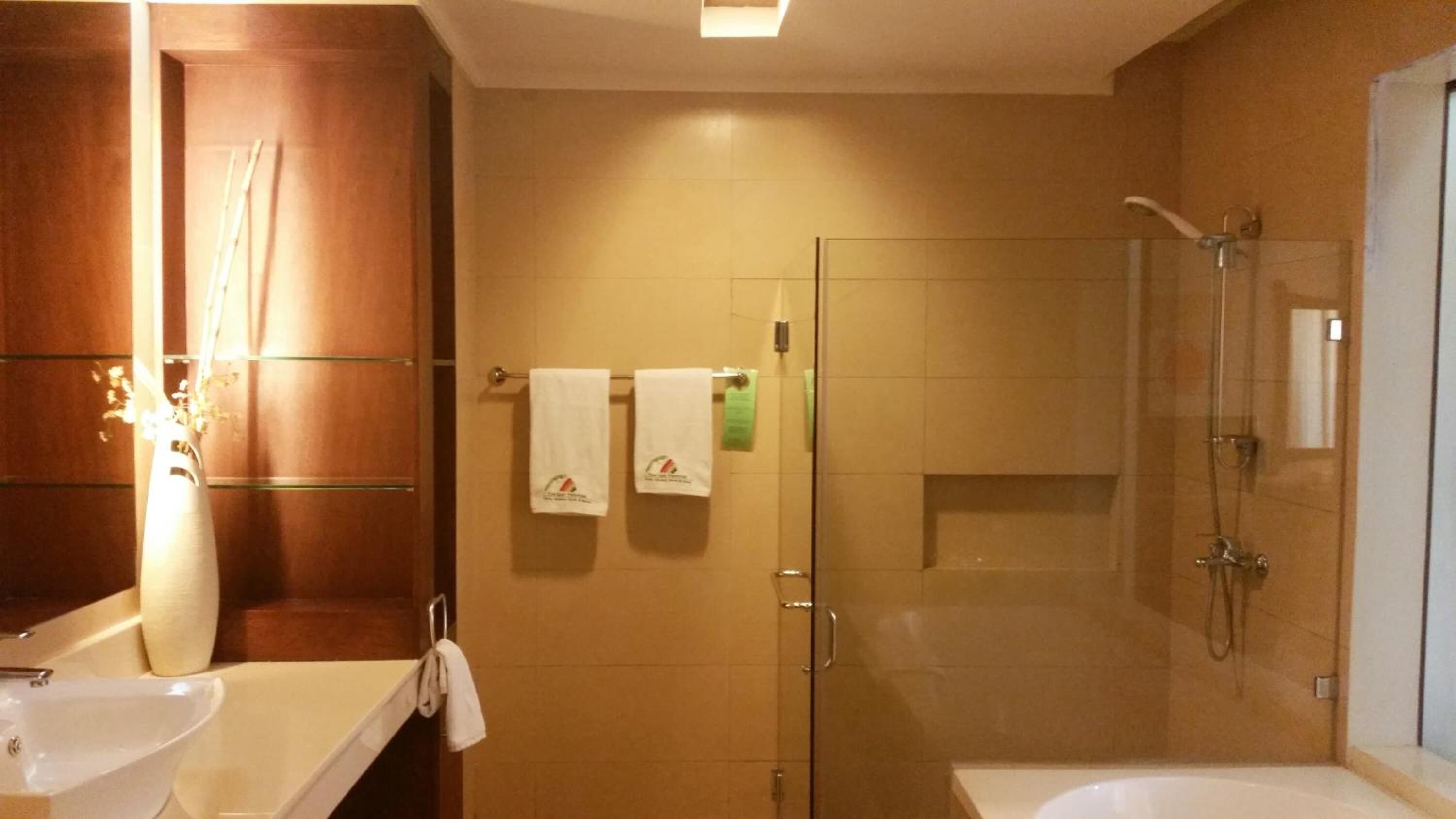 A bathroom with a glass shower enclosure, a sink, and a mirror. There are towels hanging on a rack.