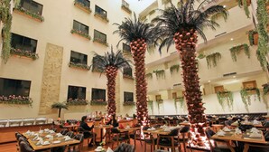 A spacious indoor dining area with multiple tables and chairs, large decorative palm trees, and hanging plants. - Harmoni Suites Hotel (Batam)