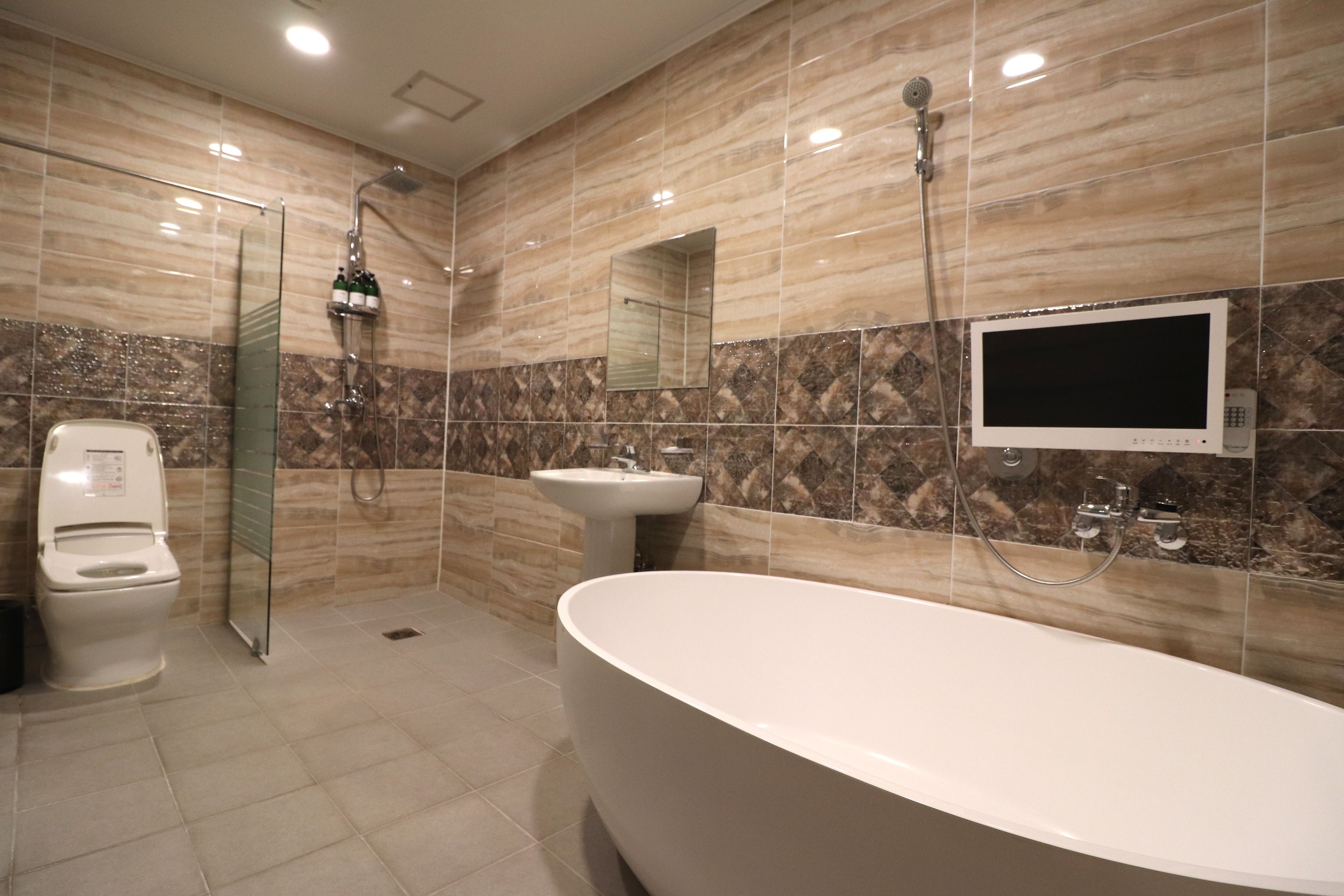 separate bathtub and shower, jetted bath, free toiletries, hair dryer