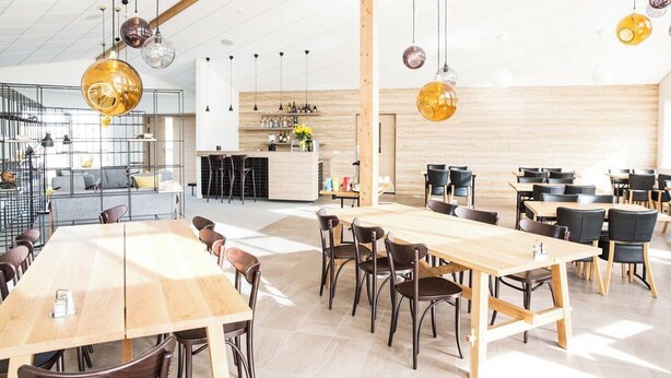 Un comedor amplio con varias mesas y sillas, una cocina al fondo y lámparas esféricas colgantes.