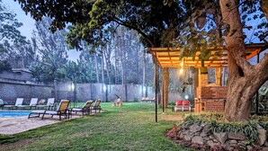 Un jardin avec une piscine, des chaises longues et une pergola en bois illuminée.