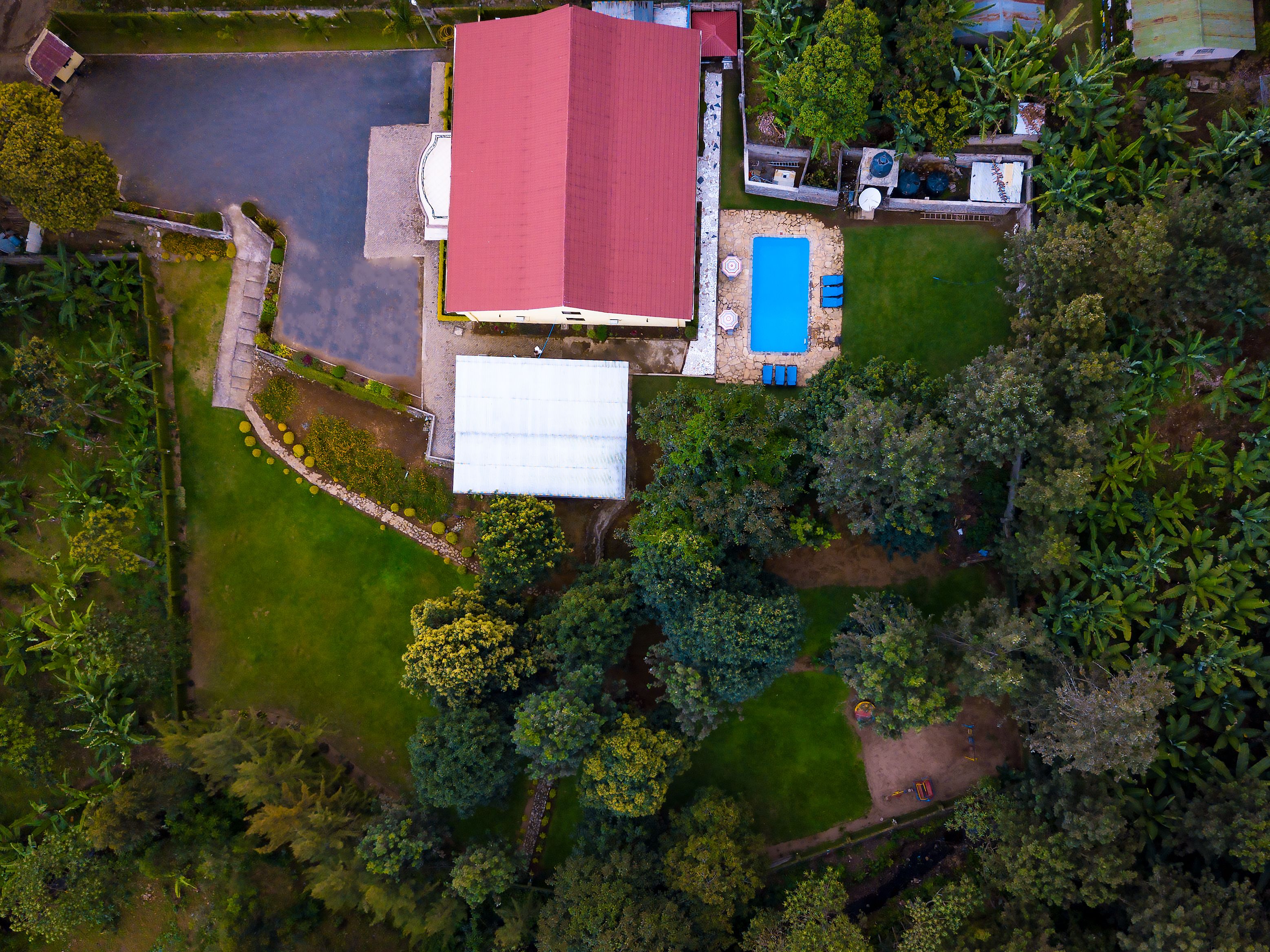 An aerial view of a property with a swimming pool, a red-roofed building, and surrounding greenery.