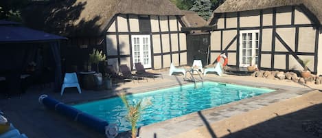 Seasonal outdoor pool, sun loungers