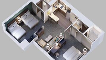 A hotel room layout with two beds, a sitting area, a kitchenette, and a bathroom.