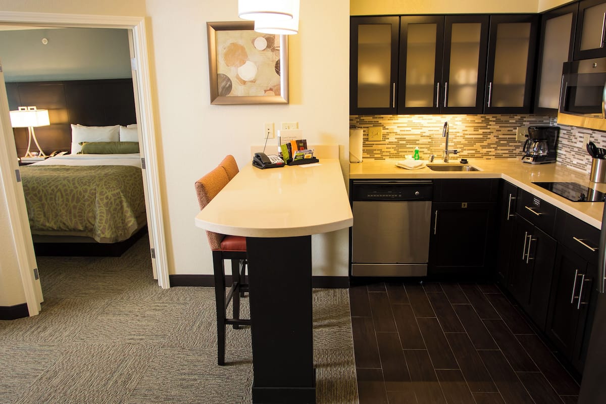 1 bedroom, desk, laptop workspace, blackout curtains