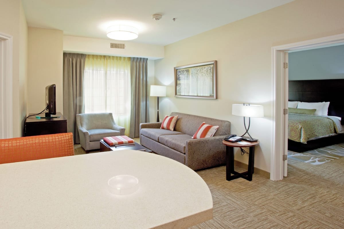 1 bedroom, desk, laptop workspace, blackout curtains