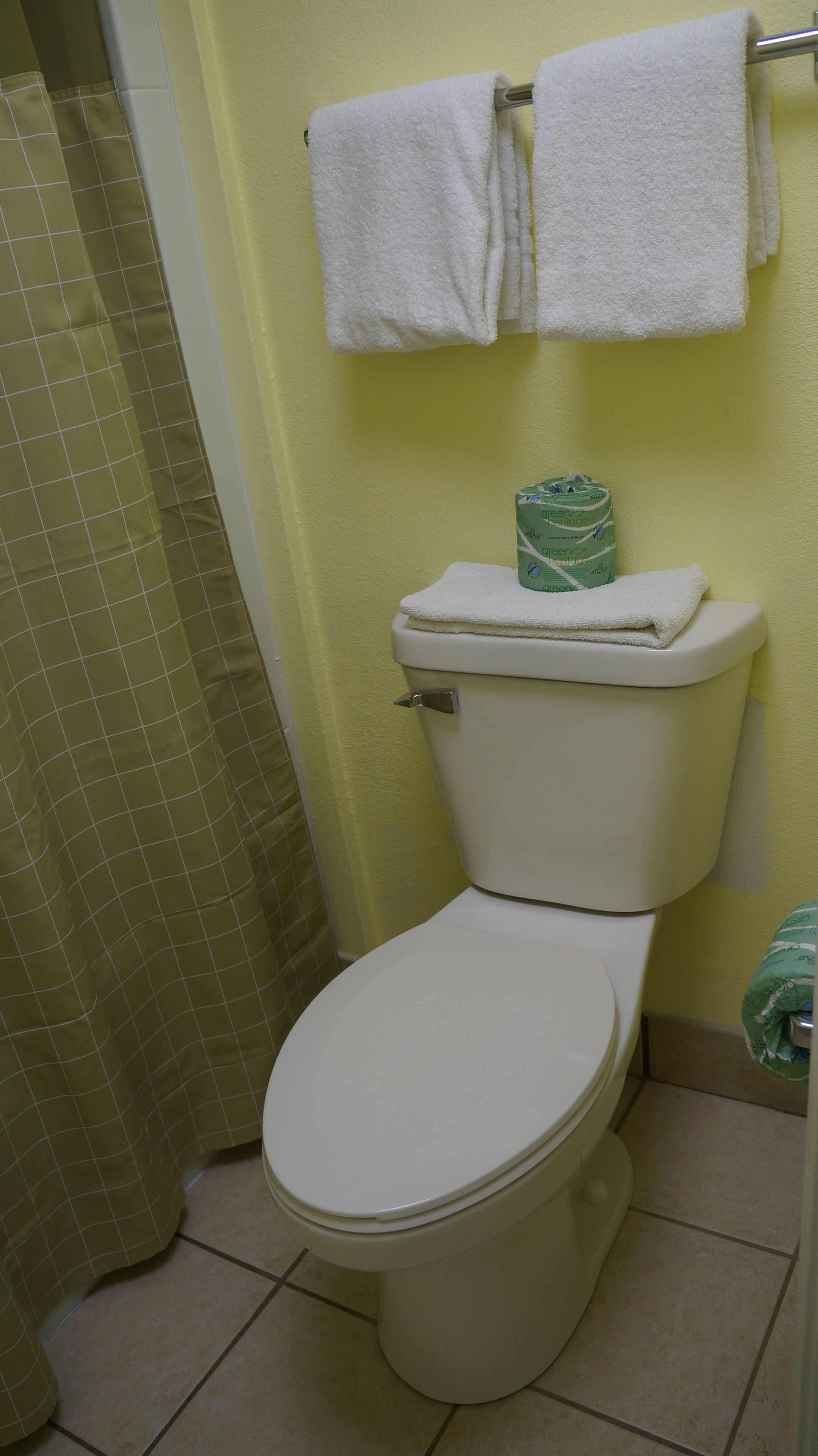 Des toilettes avec un abattant et un couvercle blancs, un rouleau de papier toilette vert et un porte-serviettes avec deux serviettes blanches.