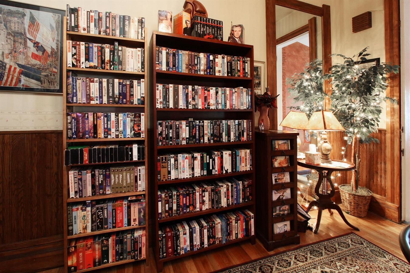 Ein Zimmer mit zwei großen, hölzernen Bücherregalen voller Bücher, einem kleinen Tisch mit einer Lampe und einer Topfpflanze.