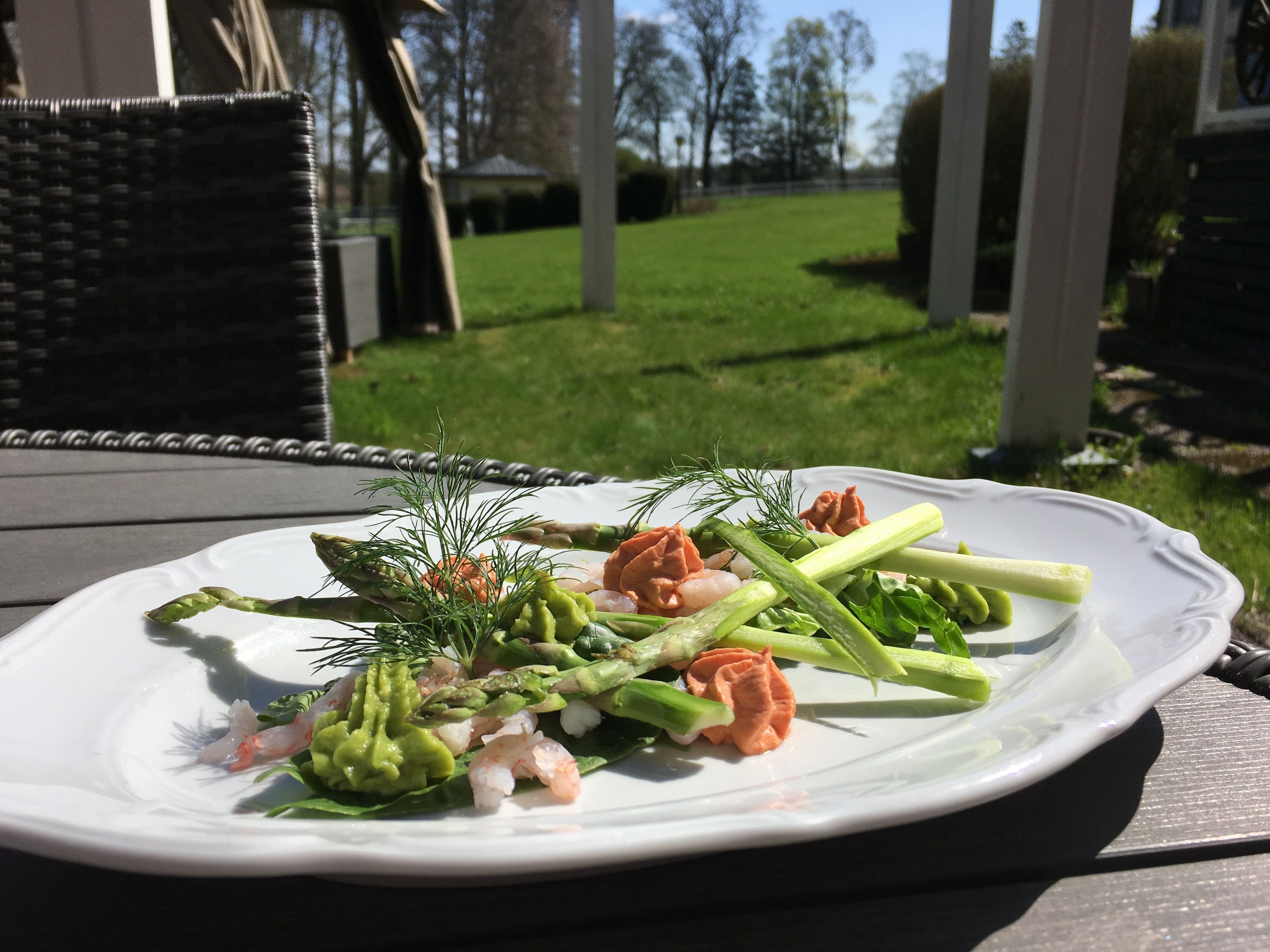 A white plate with a seafood dish on an outdoor table.