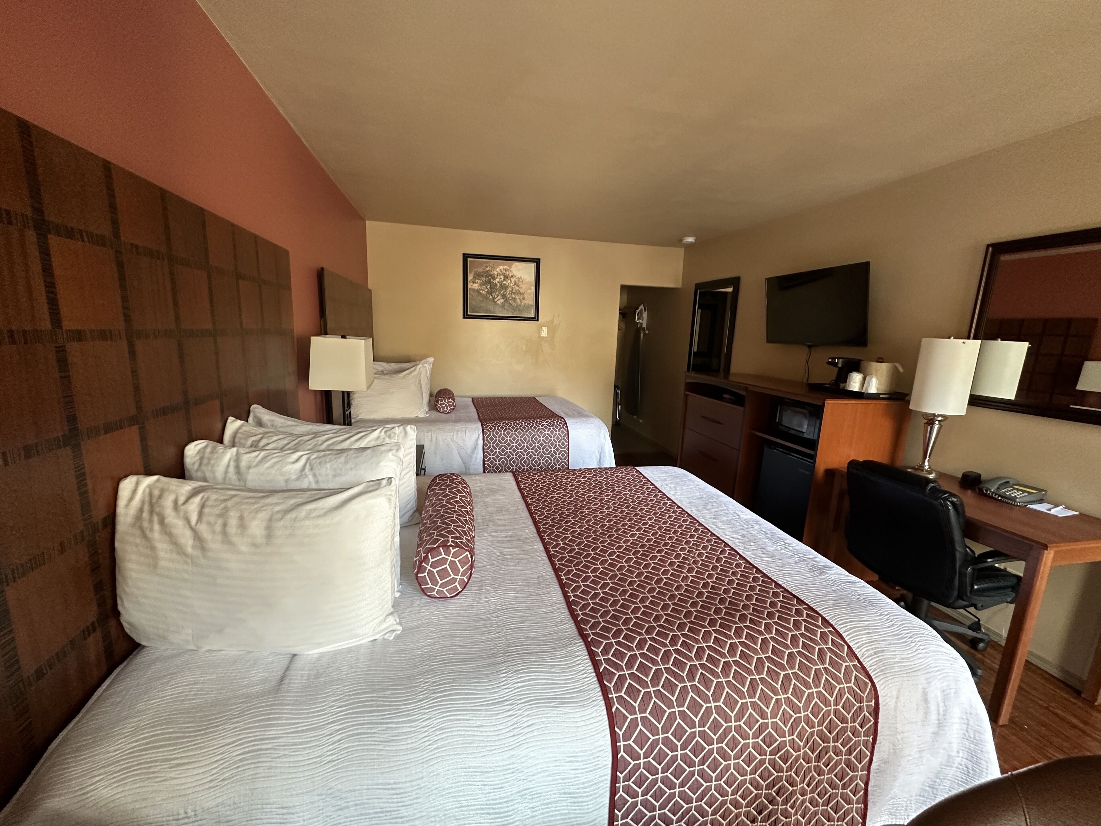 A hotel room with two beds, a desk, a chair, a TV, and a shower.