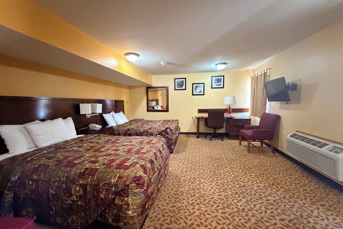 Habitación de hotel con dos camas, un escritorio, una silla, un televisor y un calefactor.