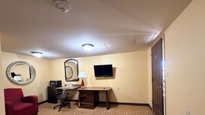 A hotel room with a red chair, a desk, a television, a mirror, and a patterned carpet.
