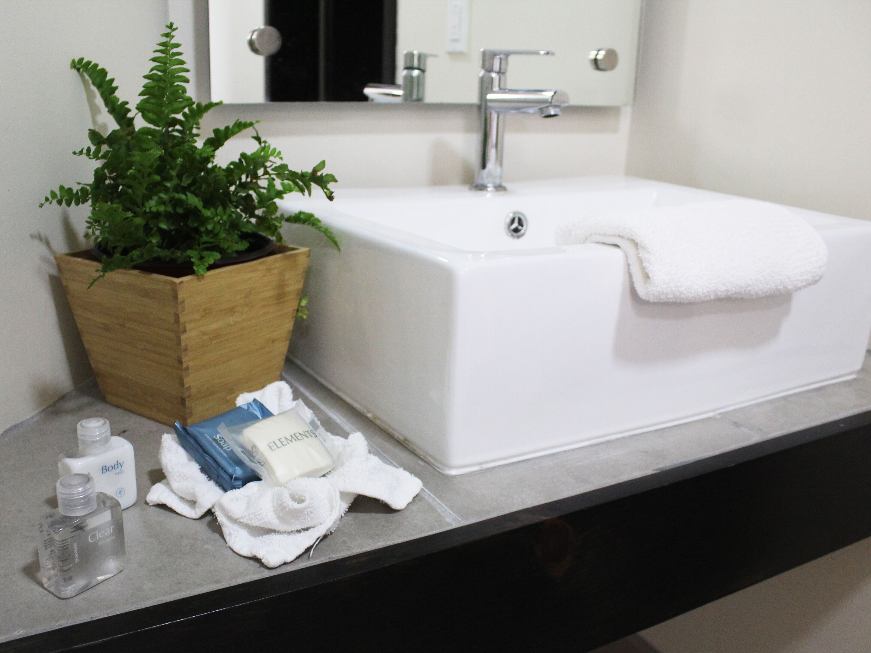 A bathroom with a white sink, a wooden planter with green plants, and toiletries on the counter.