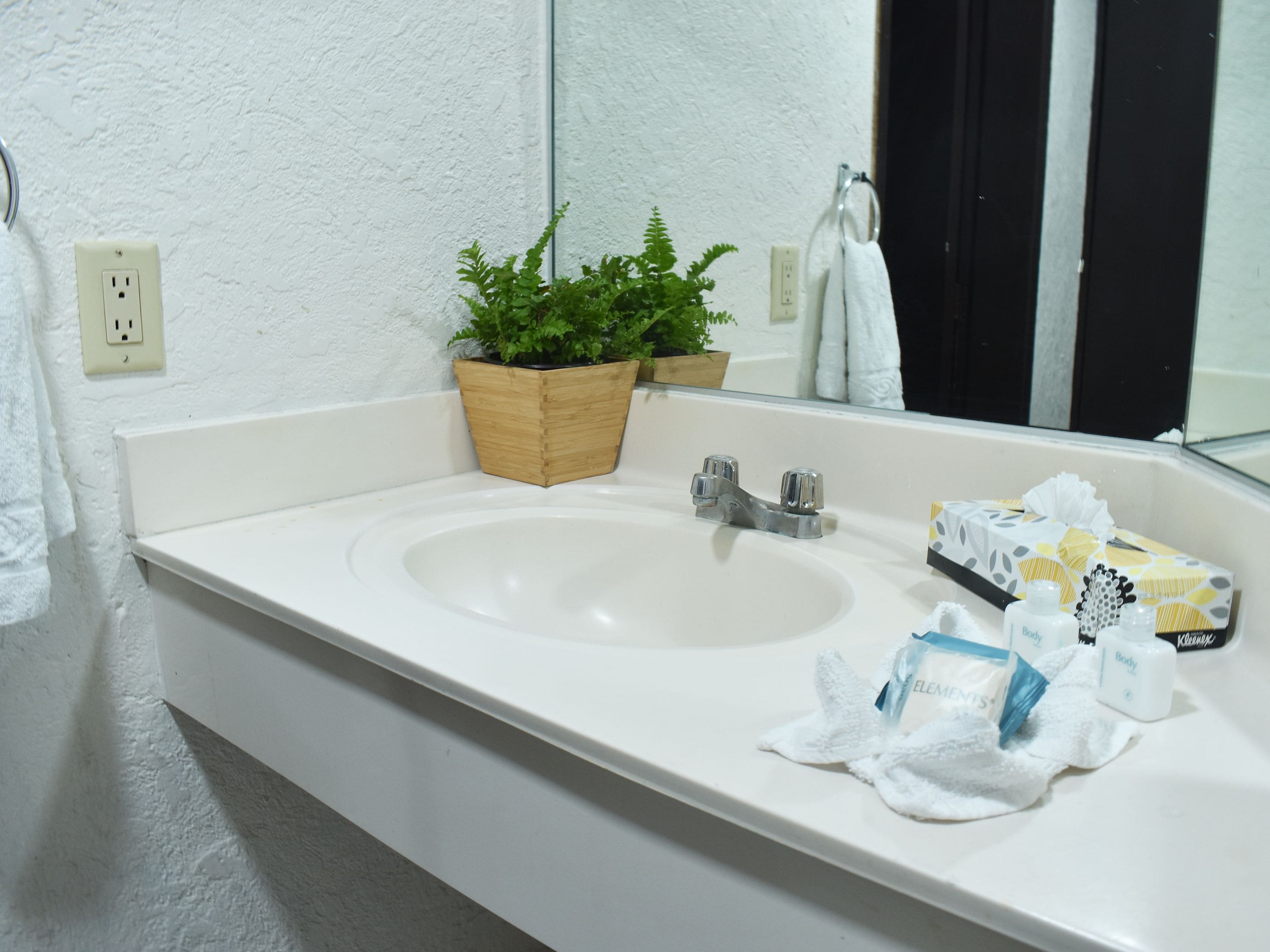 A bathroom with a white sink, a wooden planter with green plants, a mirror, and toiletries on the counter.