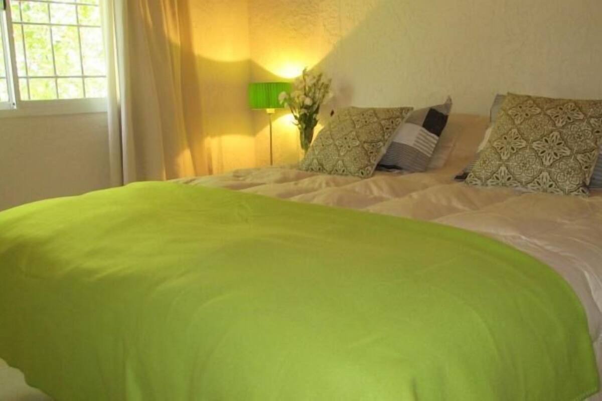 Una cama con edredón verde y almohadones estampados, una mesita de noche con lámpara, y una ventana con cortinas.