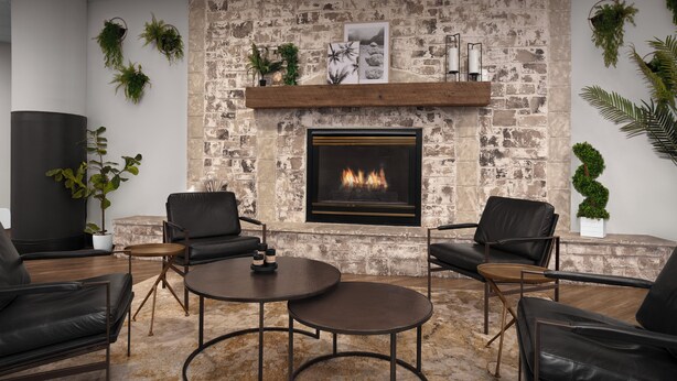 Un área de descanso moderna con chimenea de piedra, asientos de cuero y plantas decorativas.