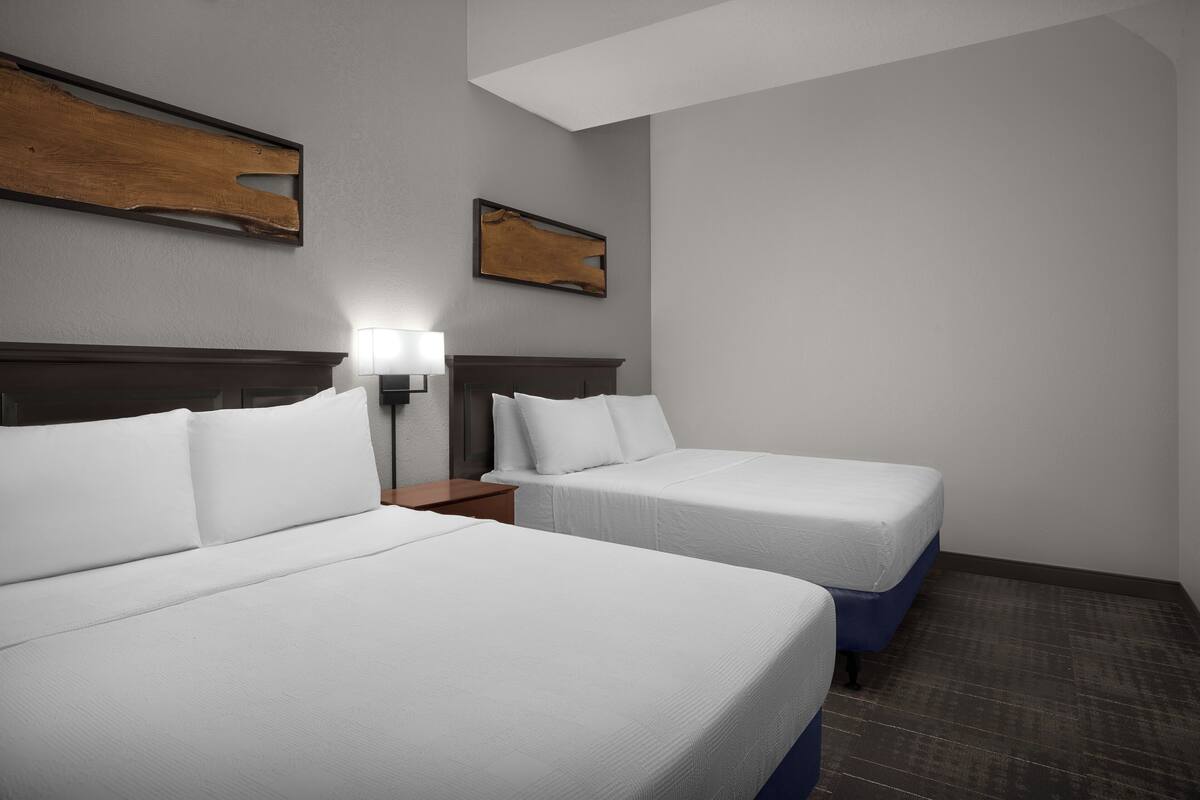 A hotel room with two beds, a nightstand, a lamp, and two wall-mounted paintings.
