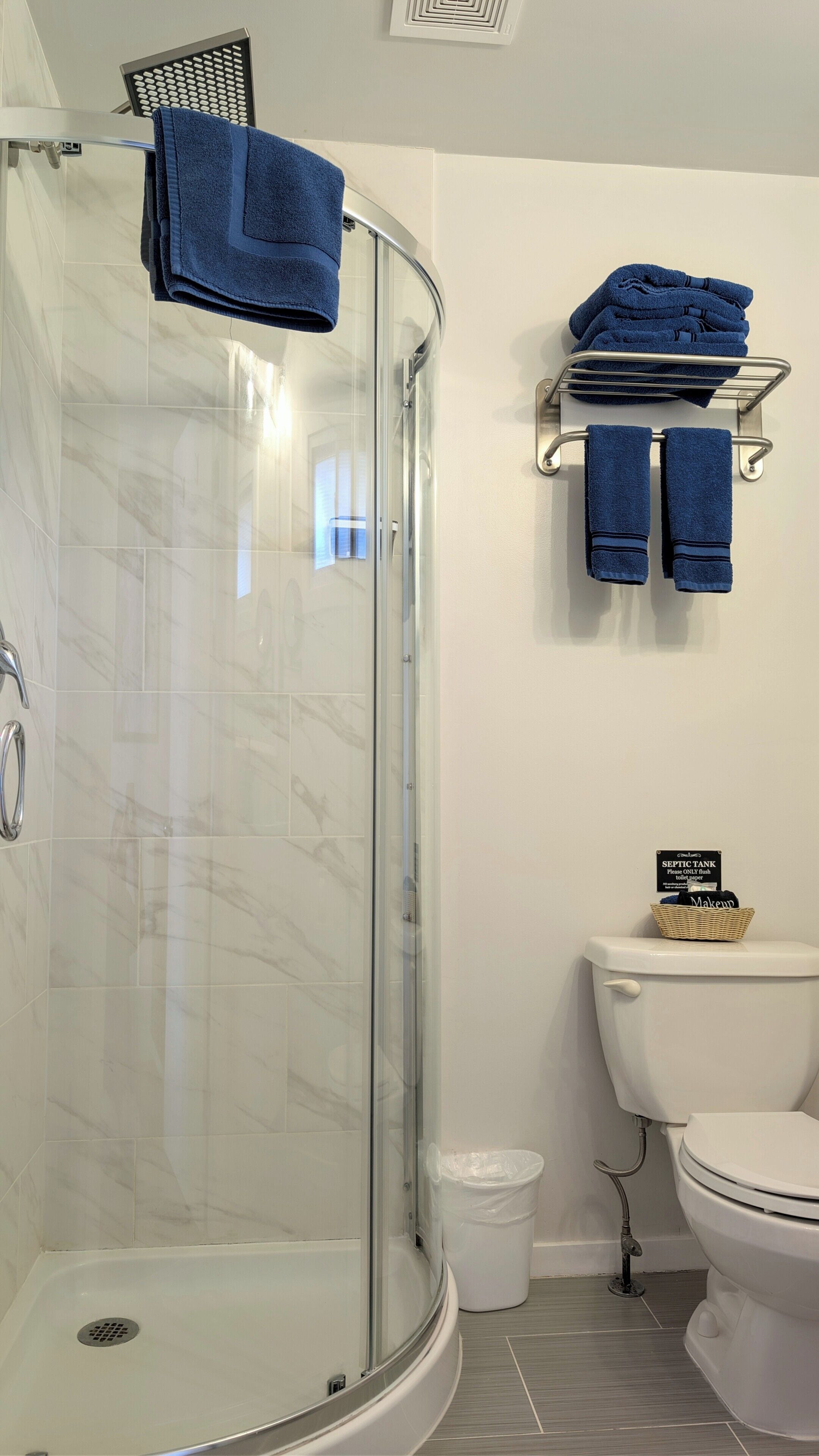 A bathroom with a glass shower enclosure, a toilet, and a sink.