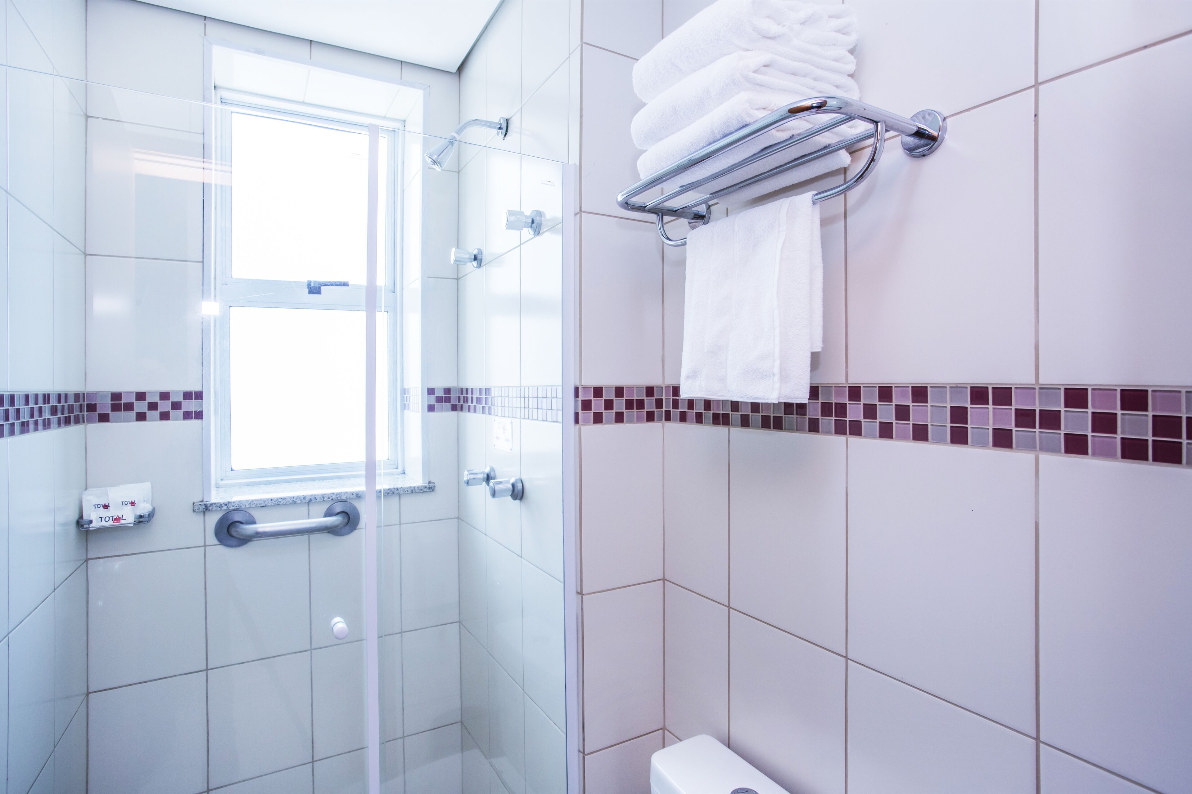 A modern bathroom with a glass shower enclosure, a toilet paper holder, and a towel rack.