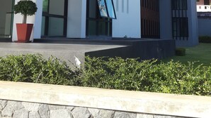 A modern building with a mix of wooden and white panels, large windows, and a solar panel on the roof. - V.O.P. Suite (Koh Samui)