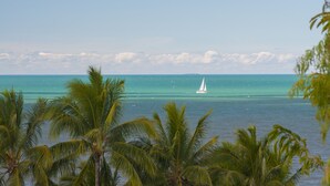 On voit clairement un voilier sur des eaux turquoise, avec des palmiers au premier plan.
