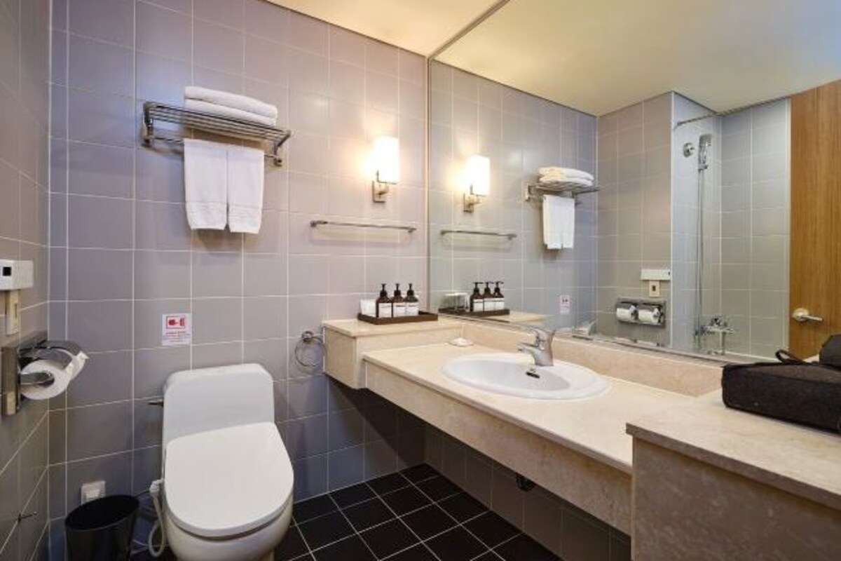 A modern bathroom with a toilet, sink, and mirror.
