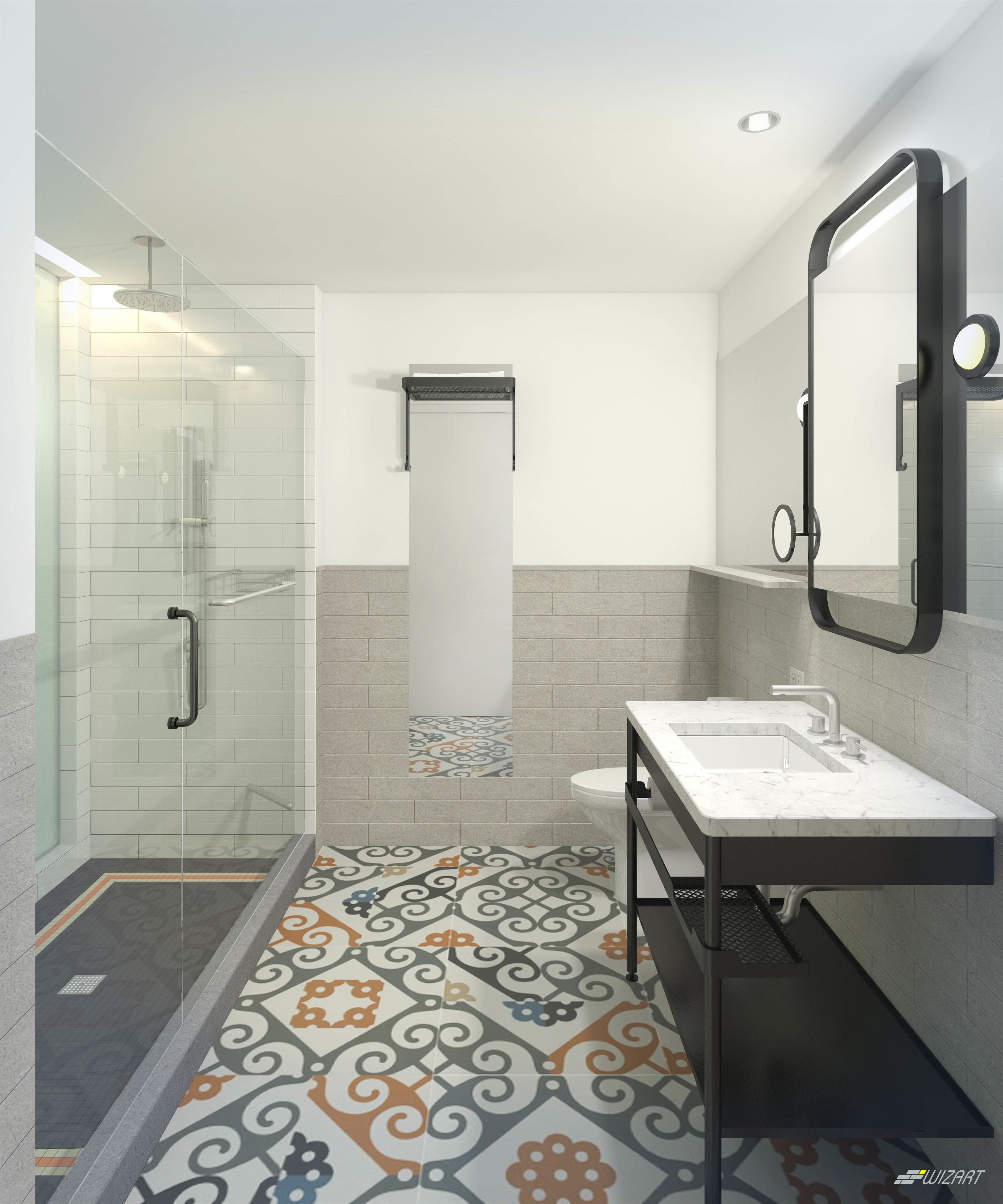 Un baño moderno con cabina de ducha de vidrio, un lavabo blanco y encimera negra, y un suelo de baldosas con diseño.