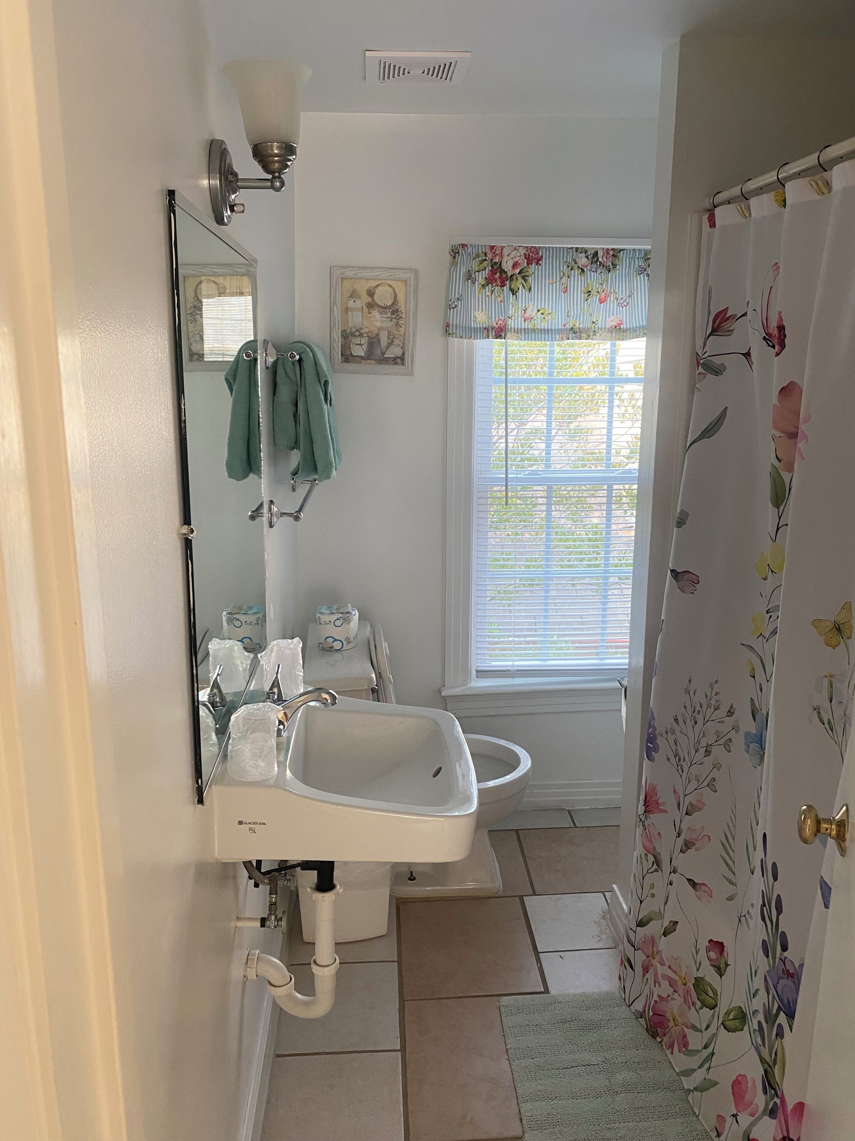 A bathroom with a sink, mirror, towel rack, window with blinds, and a shower curtain with floral pattern.