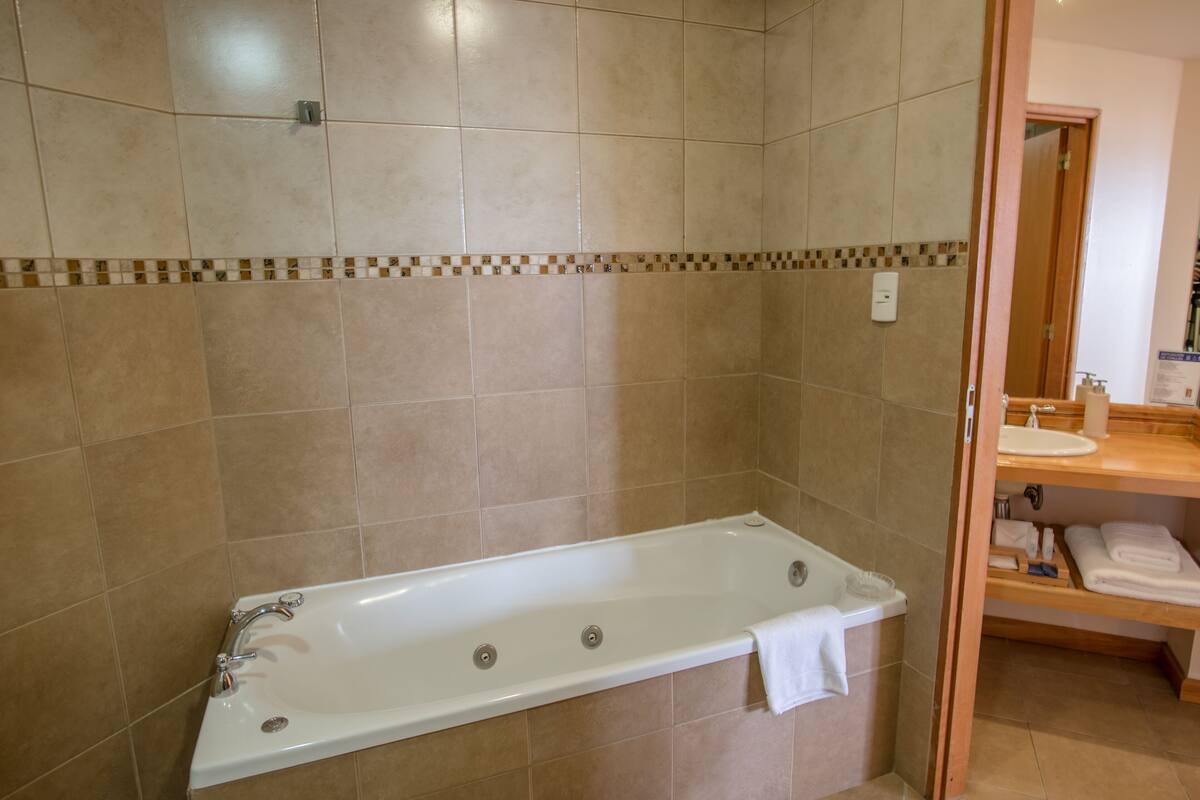 combined shower/bathtub, rainfall showerhead, free toiletries