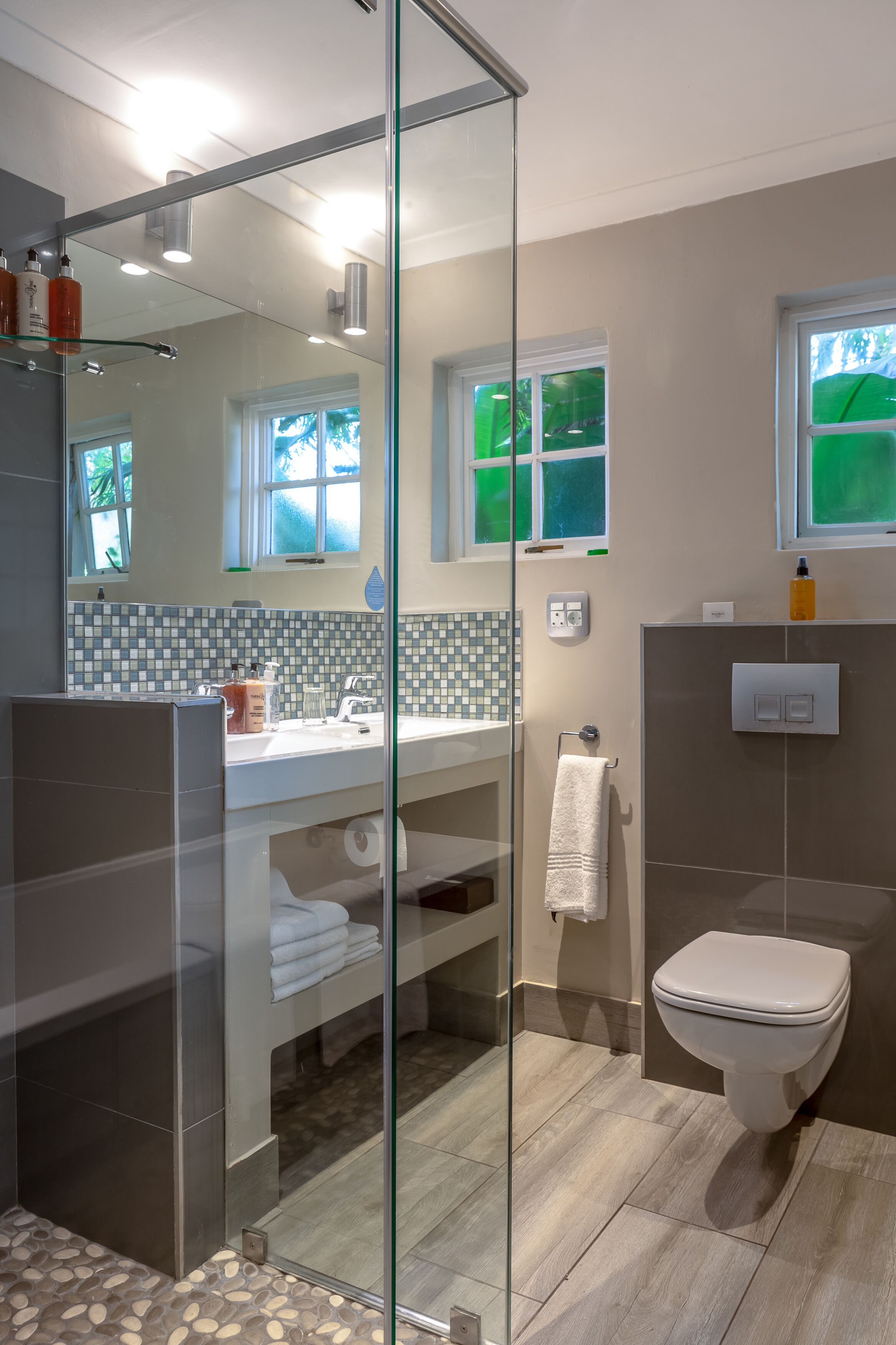 A modern bathroom with a glass shower enclosure, a white sink, and a toilet.