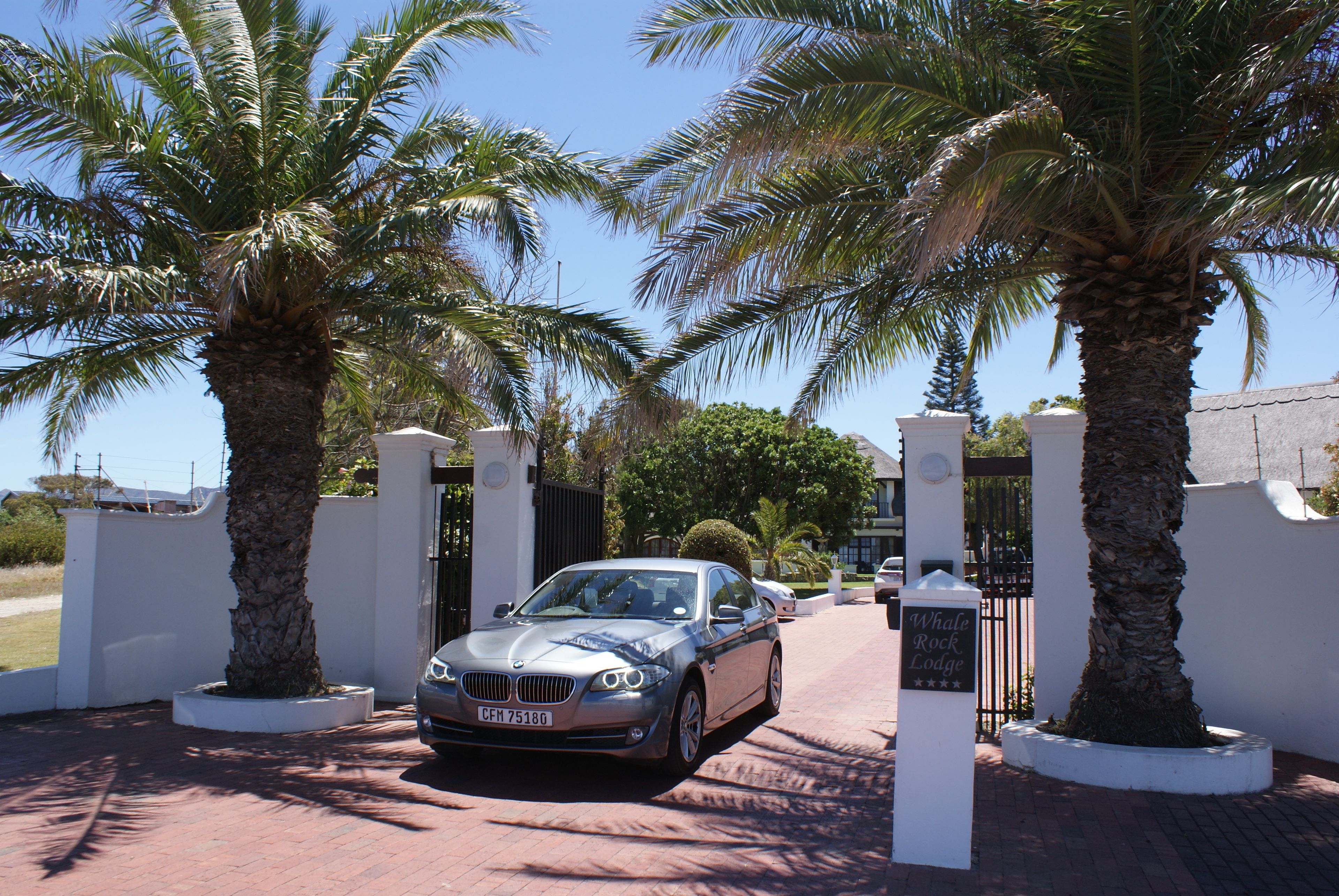 A BMW parked at a gated entrance with palm trees and a sign for 'Whale Rock Lodge'.