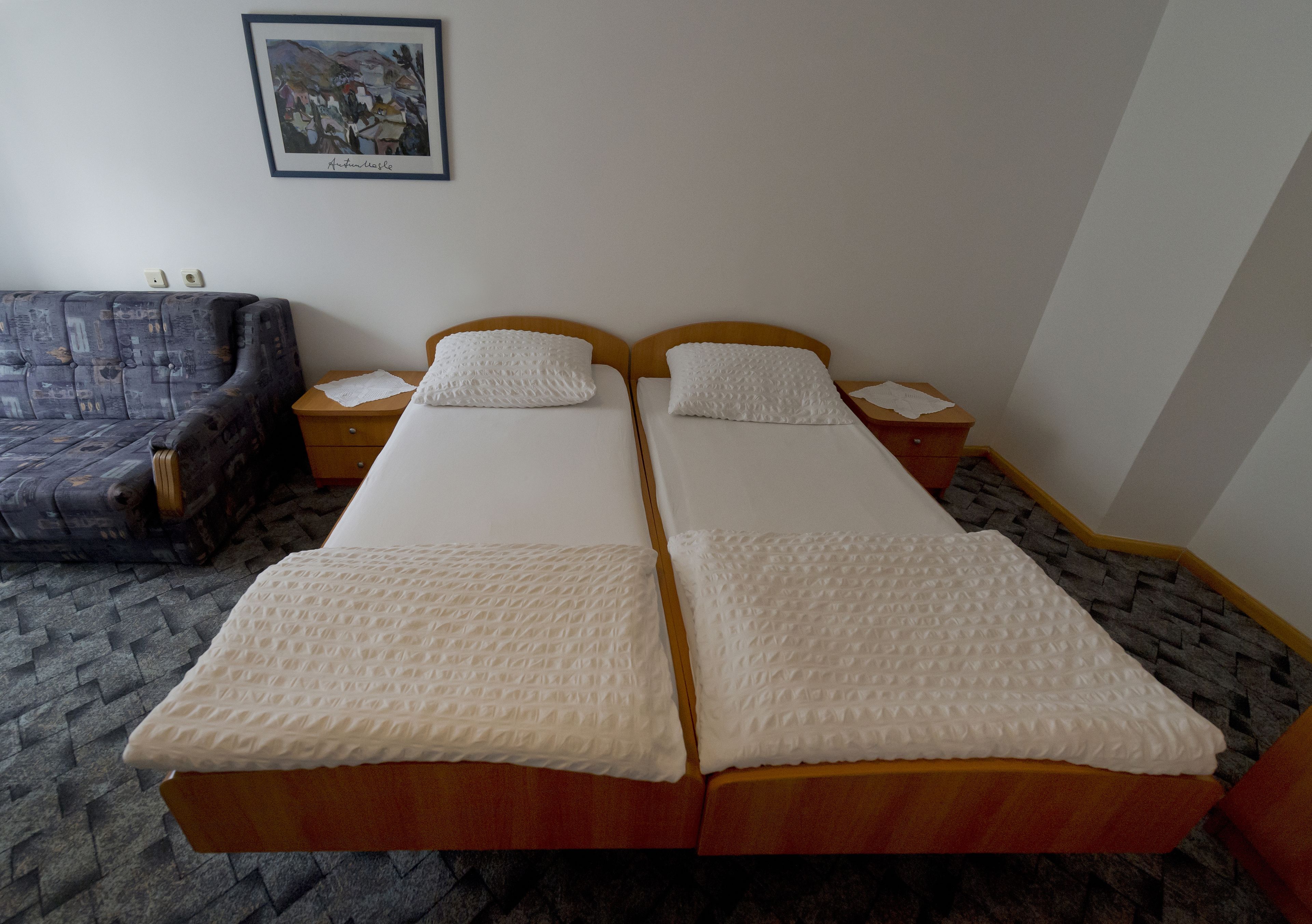 A double bed with white bedding, a wooden headboard, and a nightstand with a lamp. A sofa is visible in the background.
