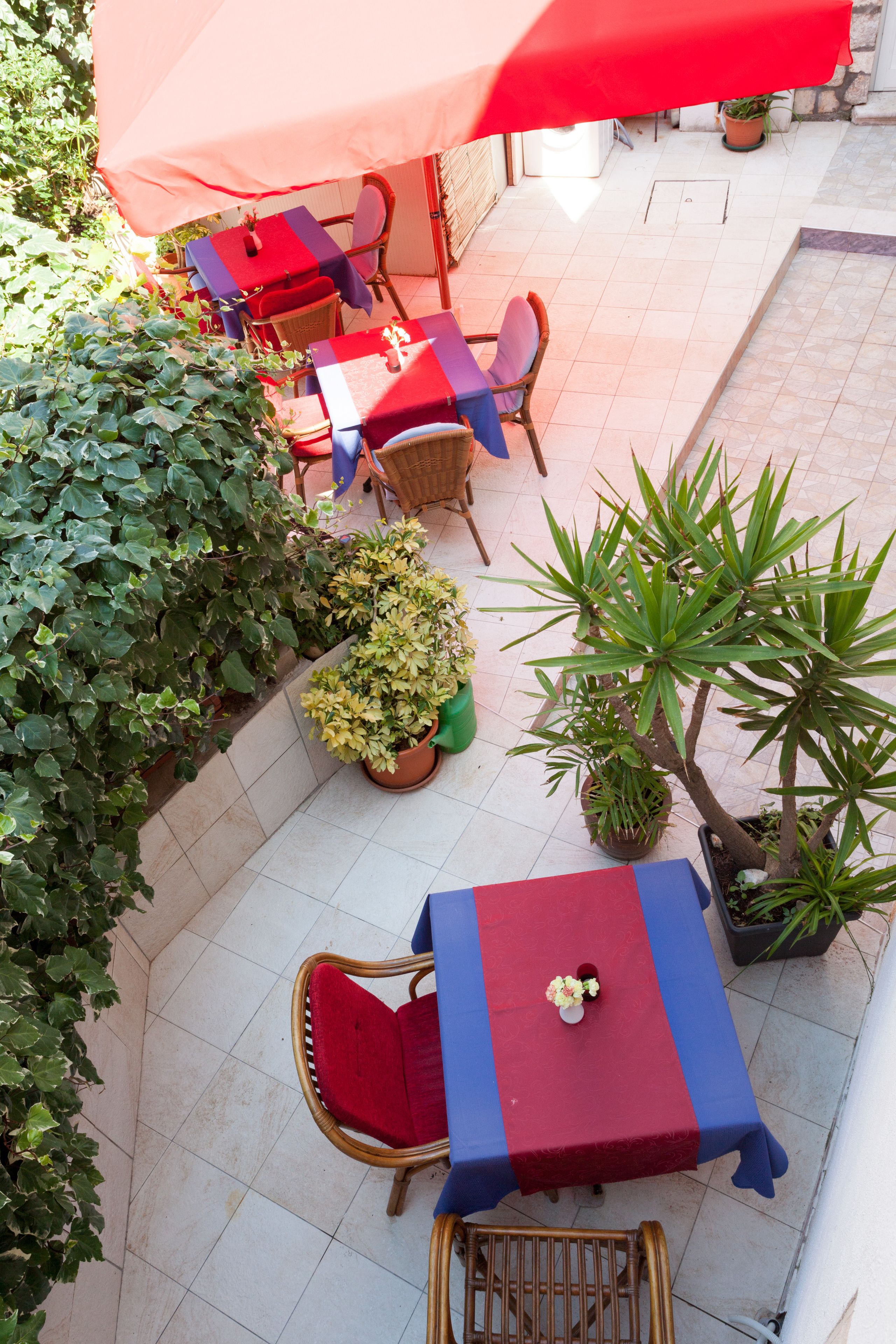 Patio esterno con tavoli e sedie, circondato da piante in vaso e un grande ombrellone.